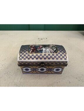 Vintage Blue & Gold Porcelain Trinket Box with Scene